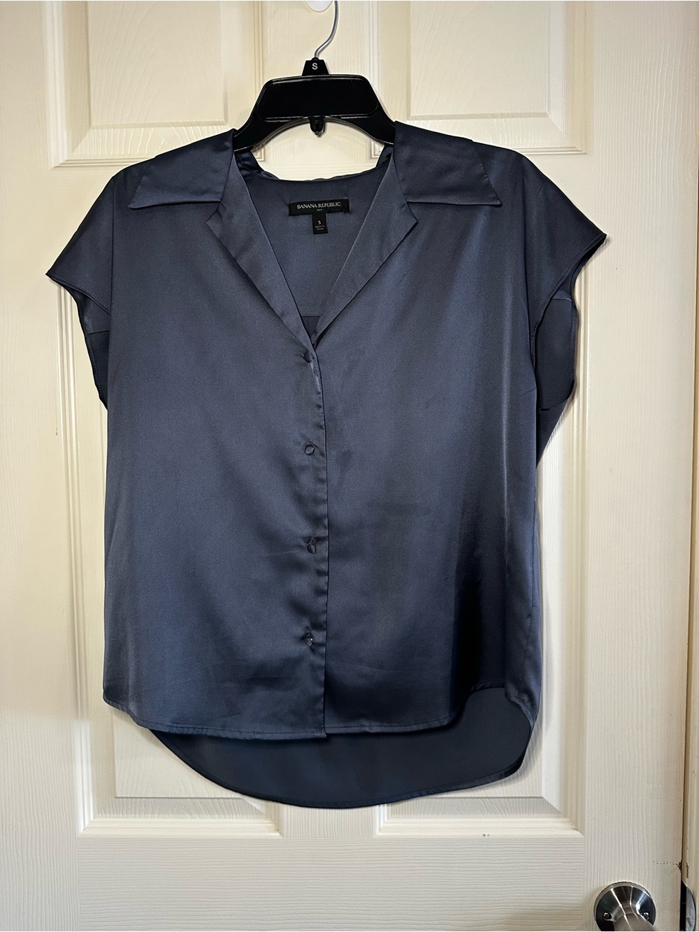 Banana Republic Charcoal Blue Satin Cap-Sleeve Button Blouse